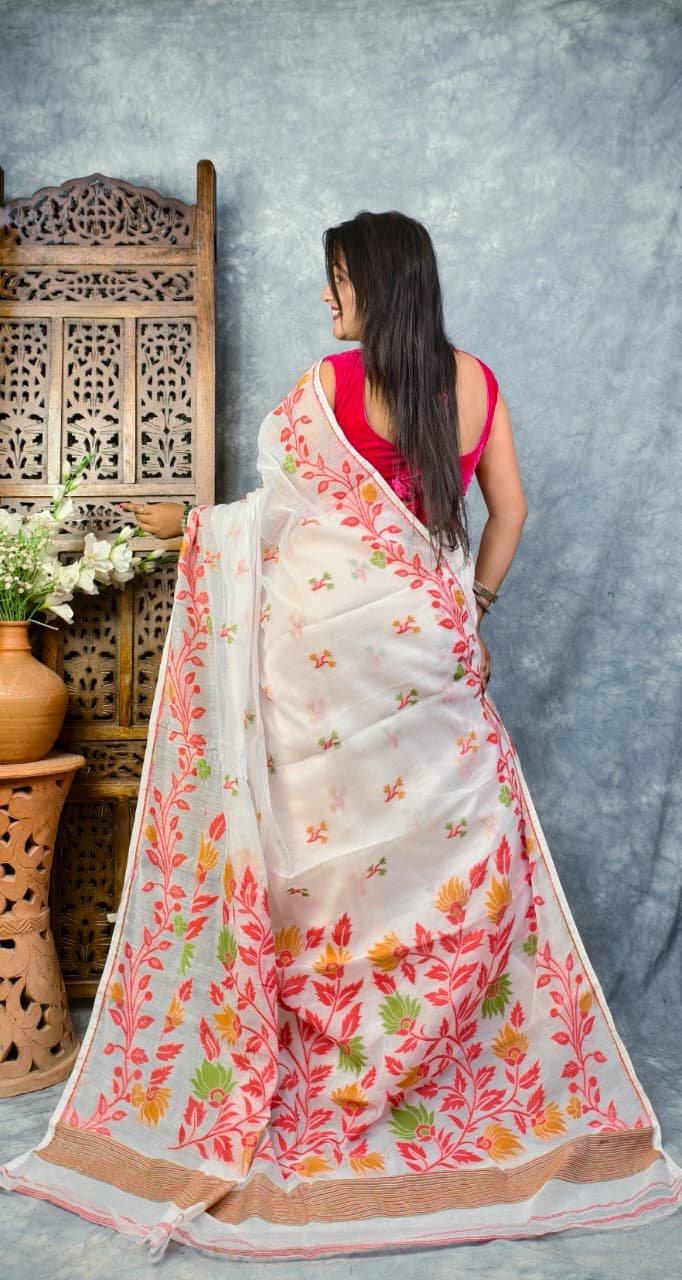 White Soft Bonolota Jamdani Saree