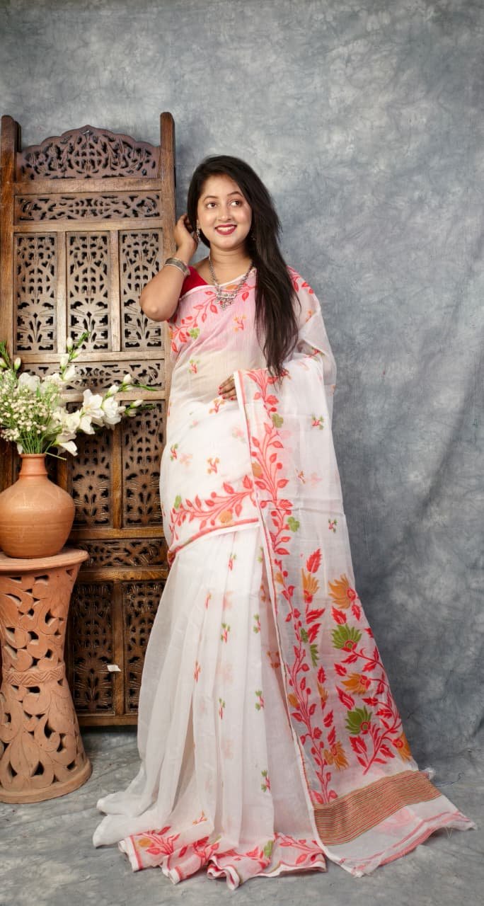 White Soft Bonolota Jamdani Saree