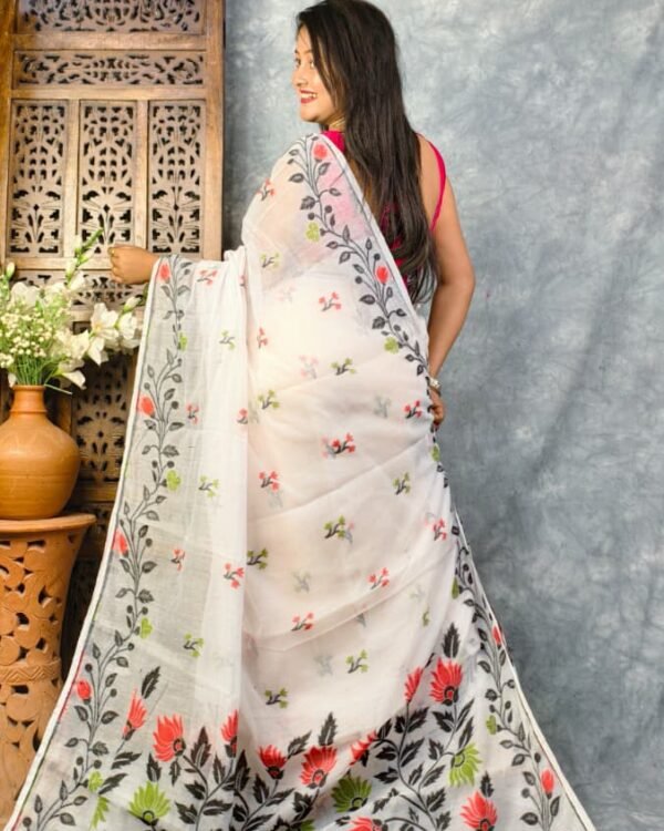 White Soft Bonolota Jamdani Sari