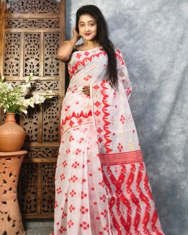 White Soft Buti Jamdani Sari With Blouse Piece