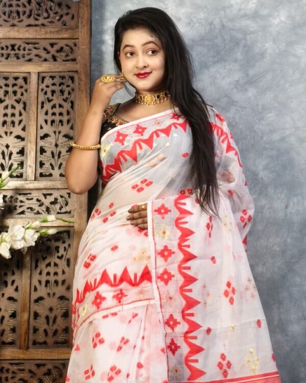 White Soft Buti Jamdani Sari With Blouse Piece