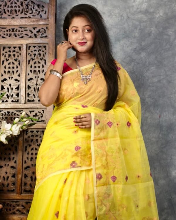 Yellow Soft Buti Korat Jamdani Saree With Blouse Piece
