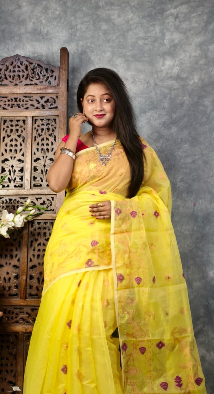 Yellow Soft Buti Korat Jamdani Saree With Blouse Piece