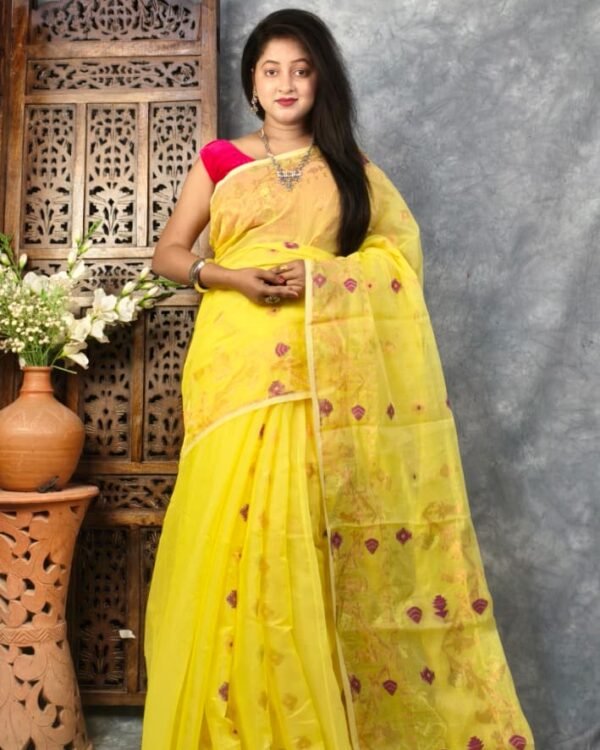 Yellow Soft Buti Korat Jamdani Saree With Blouse Piece