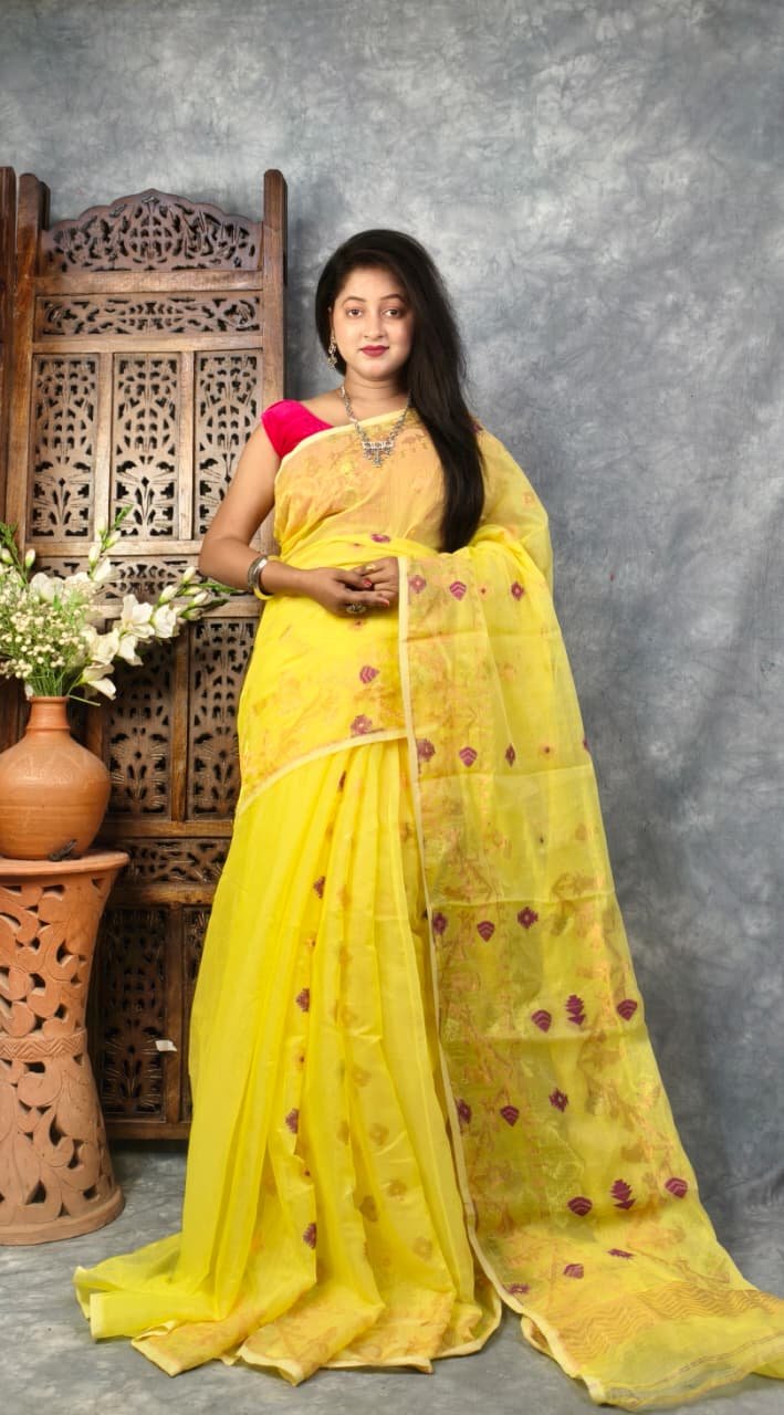 Yellow Soft Buti Korat Jamdani Saree With Blouse Piece
