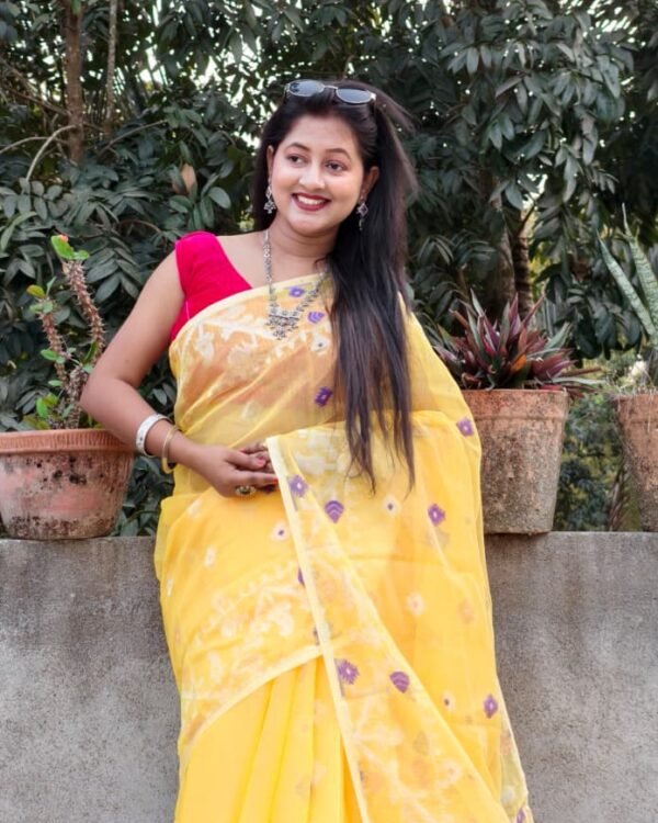 Yellow Soft Buti Korat Jamdani Sari With Blouse Piece