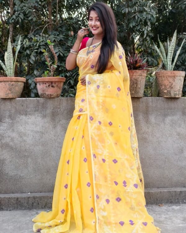 Yellow Soft Buti Korat Jamdani Sari With Blouse Piece