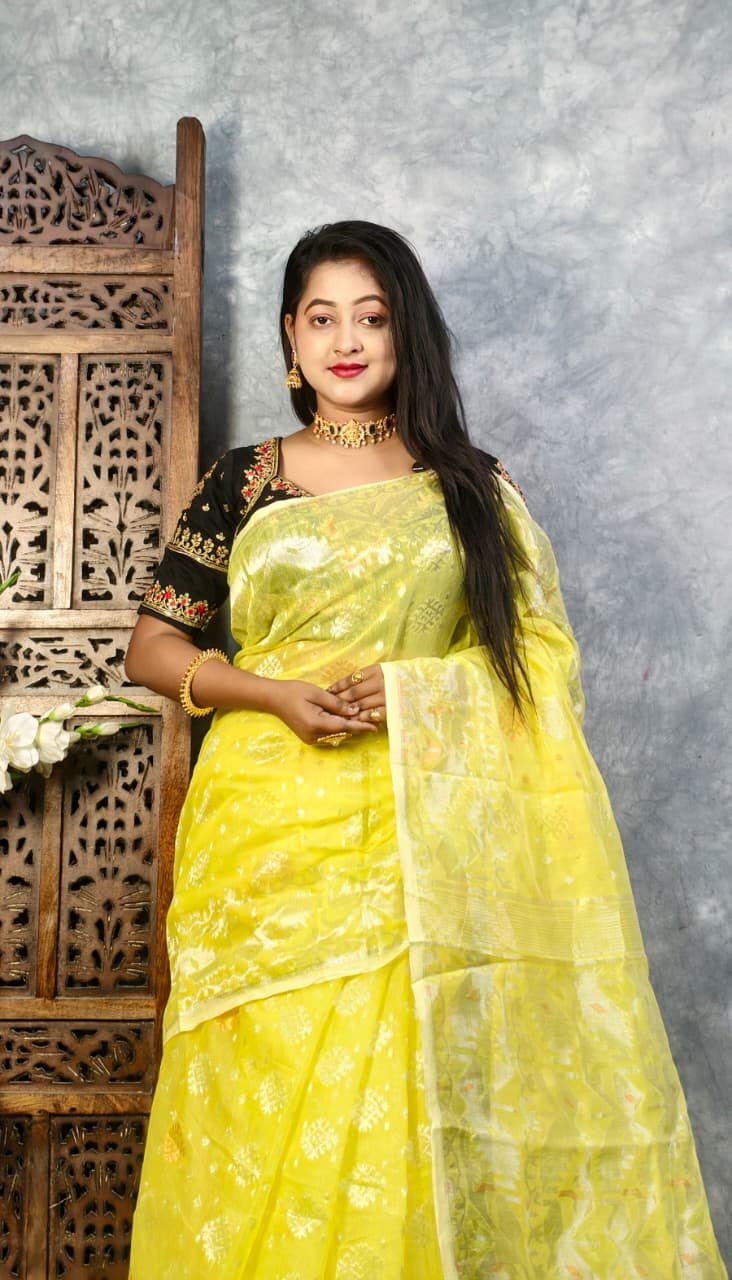 Yellow Soft Joriwork Jamdani Saree