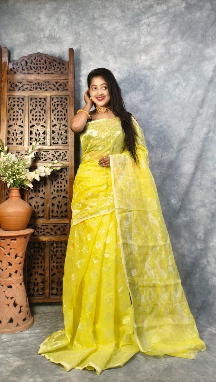 Yellow Soft Joriwork Jamdani Saree