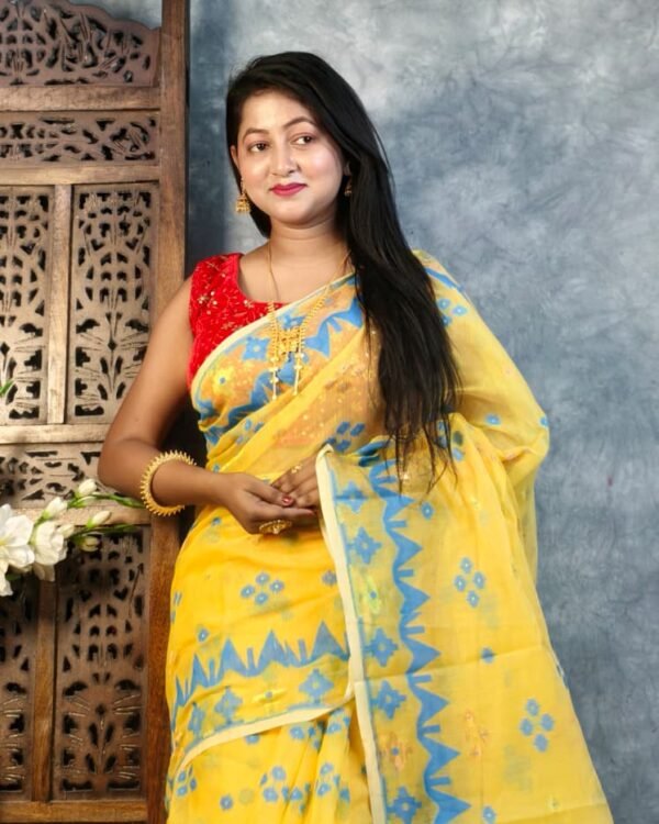 Yellow Soft Korat Buti Jamdani Saree