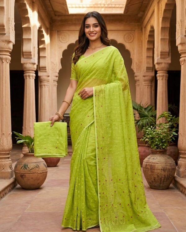 Allover Buti Soft Dhakai Jamdani Sari with Blouse Piece - Avocado Green