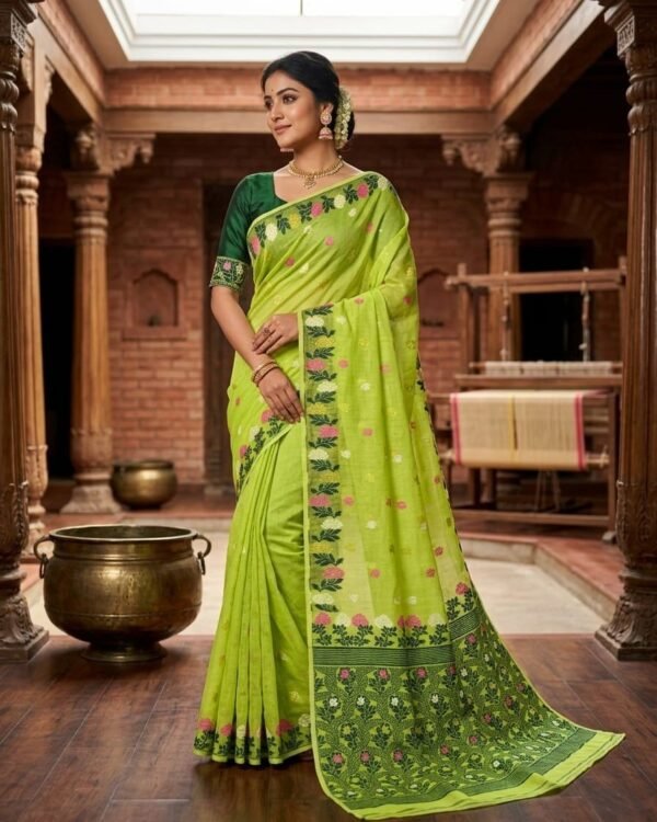 Fulkona Soft Dhakai Jamdani Sari with Blouse Piece - Avocado Green