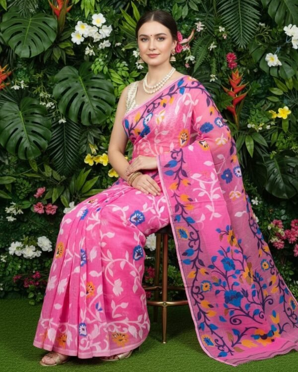 Lota Pata Soft Dhakai Jamdani Saree with Blouse Piece - Bashful Pink
