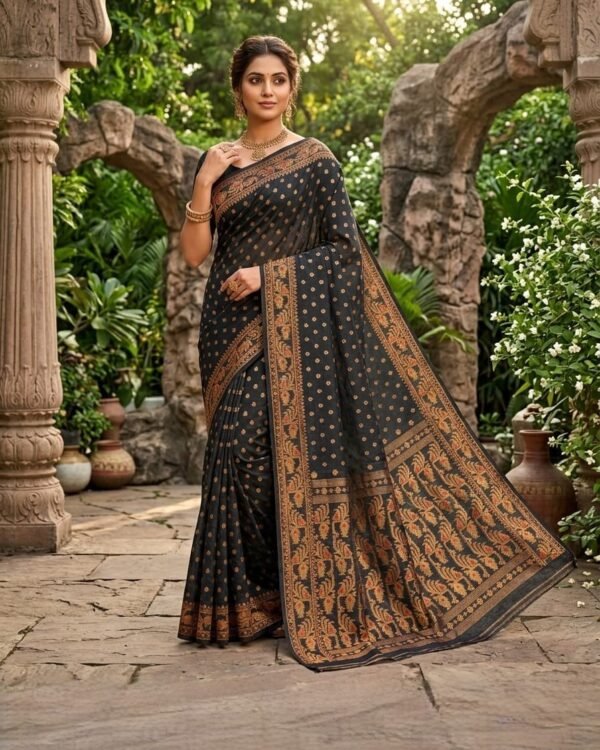 Allover Buti Soft Dhakai Jamdani Sari with Blouse Piece - Black