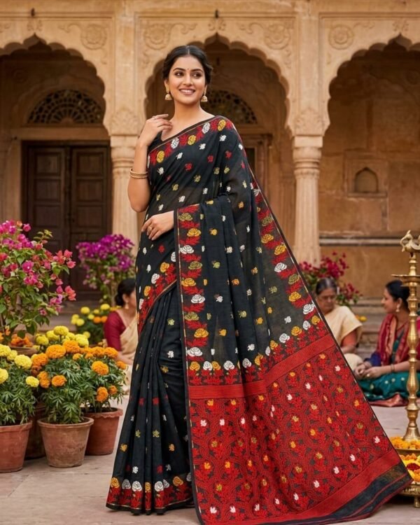 Fulkona Soft Dhakai Jamdani Sari with Blouse Piece - Black