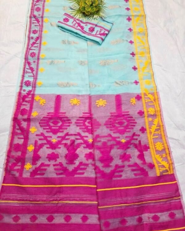 Shiuli Korat Soft Dhakai Jamdani Saree with Blouse Piece - Blue Hosta