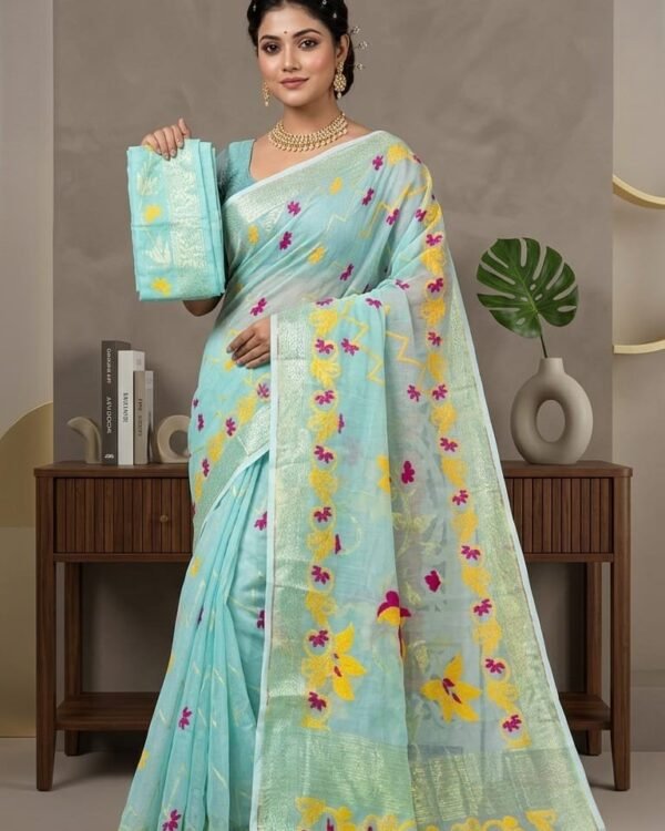 Shiuli Soft Dhakai Jamdani Sari with Blouse Piece - Blue Hosta