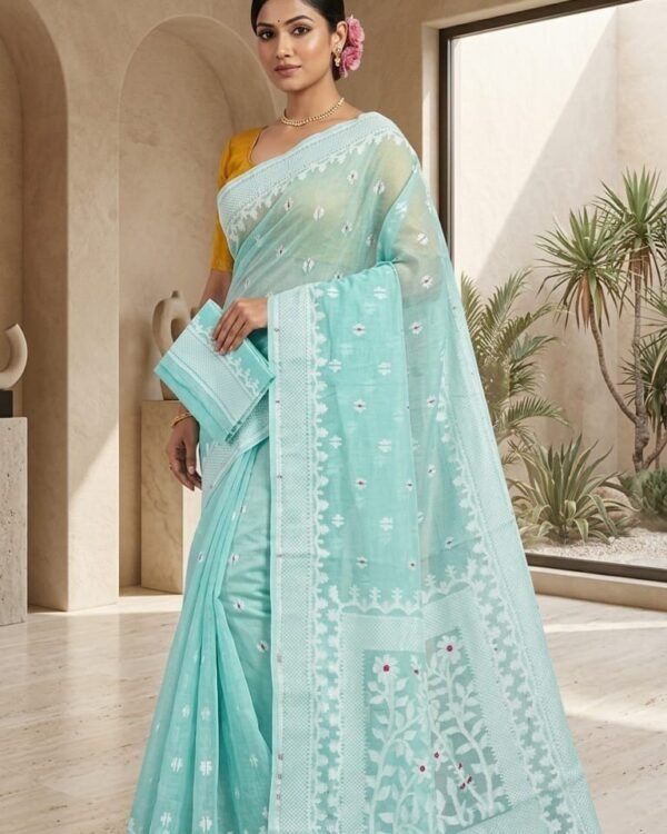 Sunflower Buti Soft Dhakai Jamdani Saree with Blouse Piece - Blue Hosta