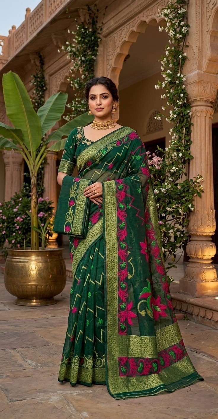 Shiuli Soft Dhakai Jamdani Sari with Blouse Piece - Bottle Green