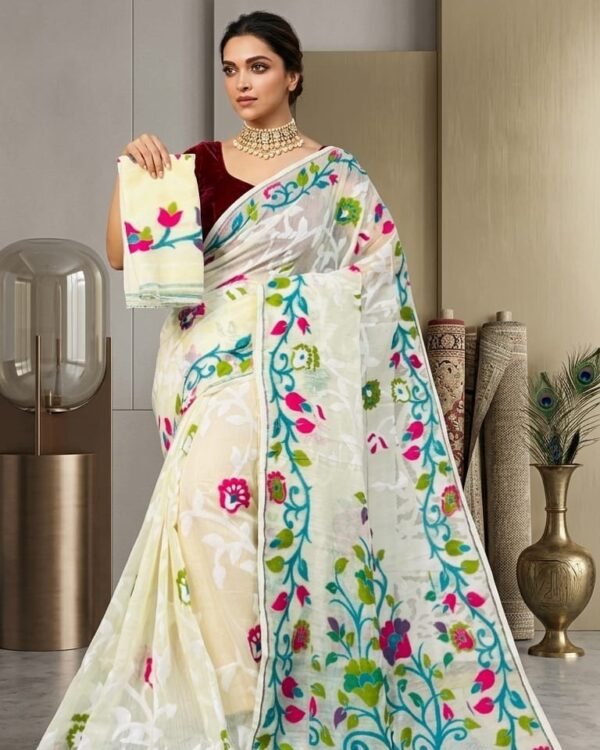 Lota Pata Soft Dhakai Jamdani Saree with Blouse Piece - Cream