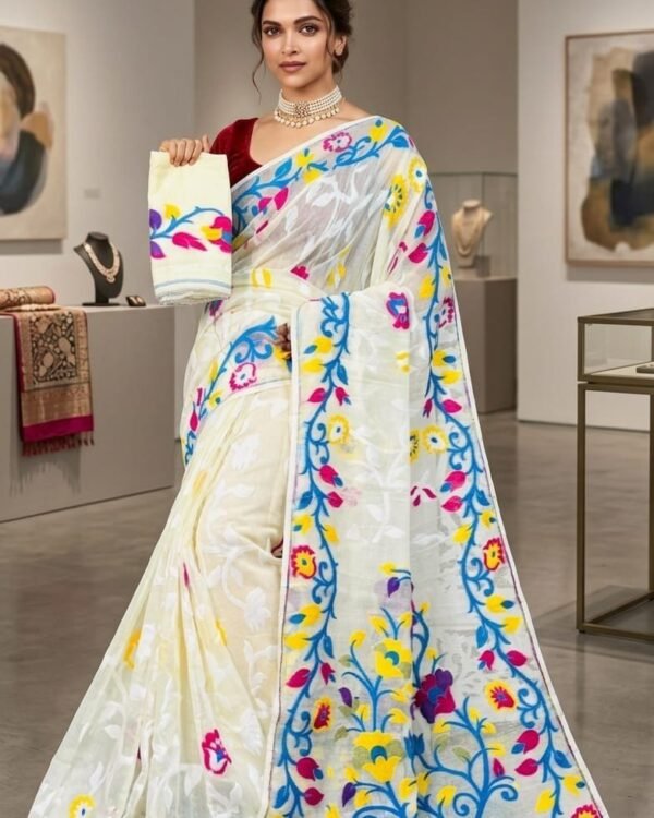 Lota Pata Soft Dhakai Jamdani Saree with Blouse Piece - Cream