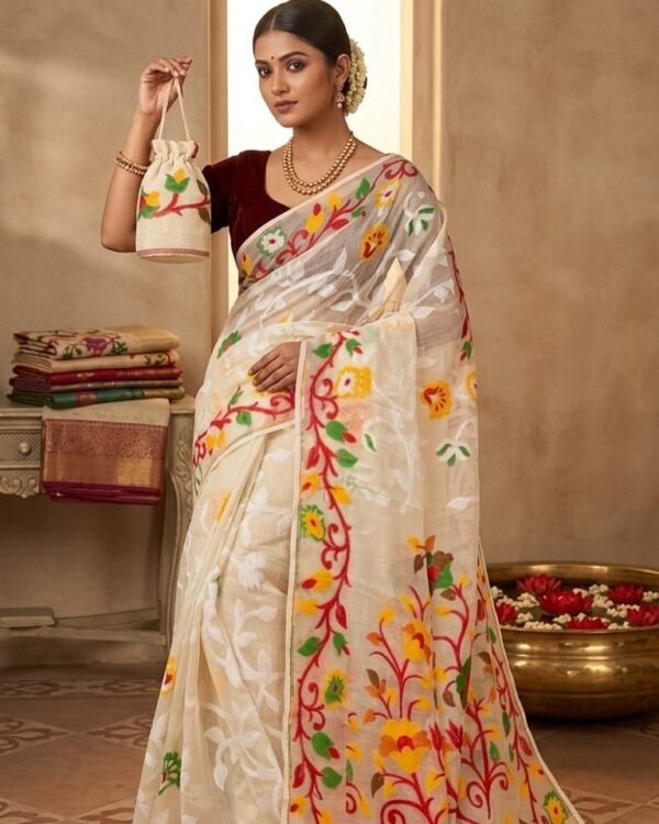 Lota Pata Soft Dhakai Jamdani Saree with Blouse Piece - Dark Cream