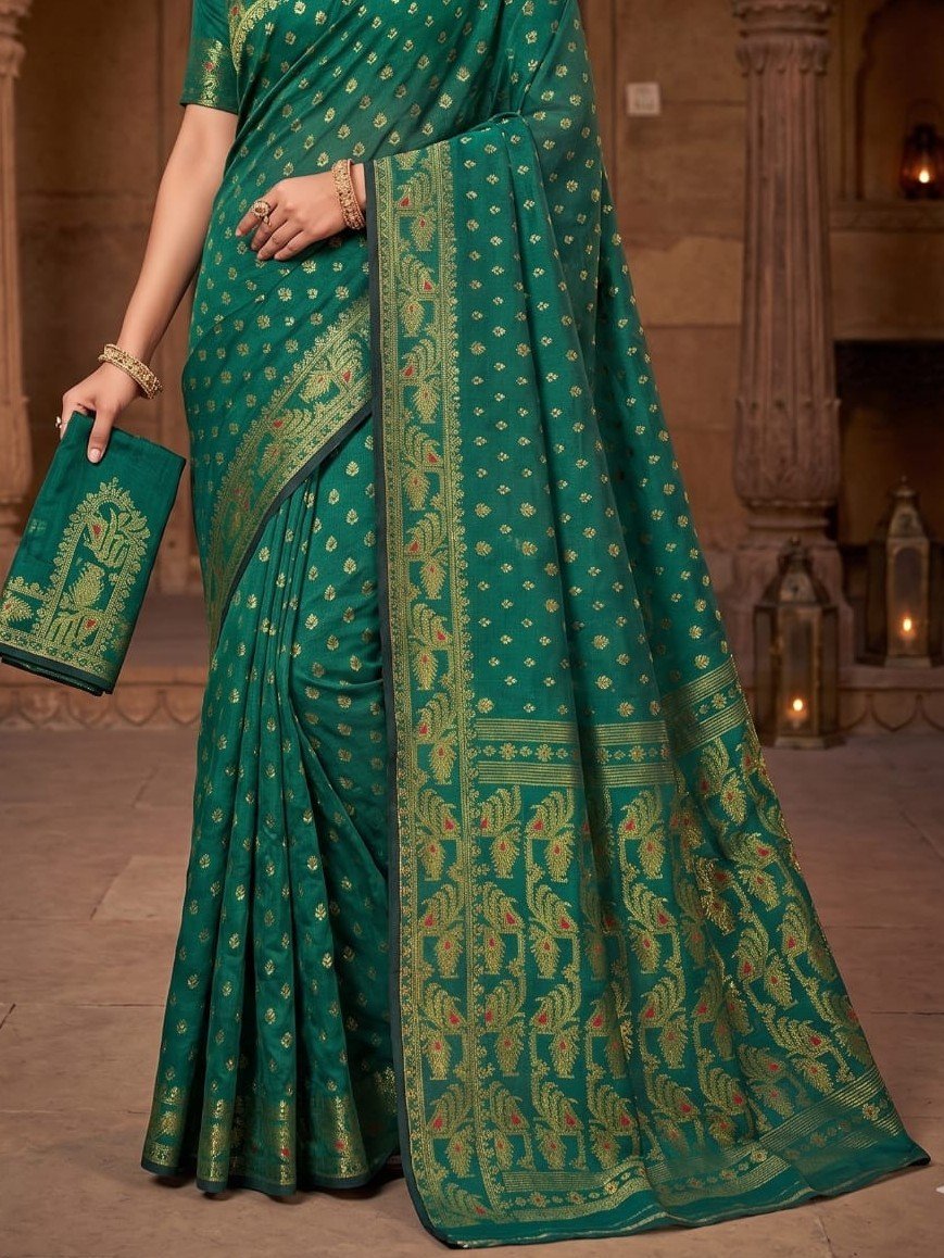 Allover Buti Soft Dhakai Jamdani Sari with Blouse Piece - Bottle Green - Image 2