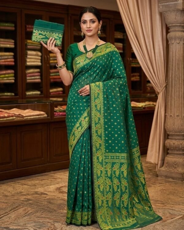 Allover Buti Soft Dhakai Jamdani Sari with Blouse Piece - Bottle Green