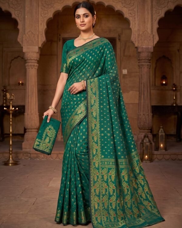 Allover Buti Soft Dhakai Jamdani Sari with Blouse Piece - Bottle Green