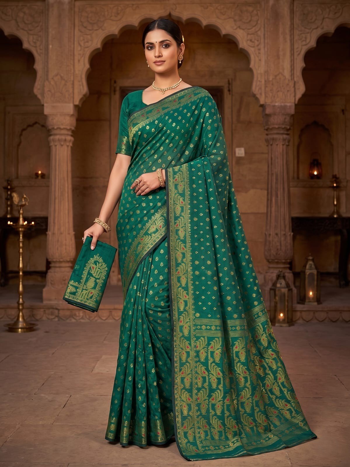 Allover Buti Soft Dhakai Jamdani Sari with Blouse Piece - Bottle Green