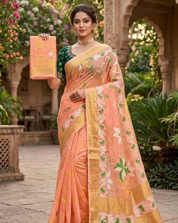 Shiuli Soft Dhakai Jamdani Sari with Blouse Piece - Dark Salmon