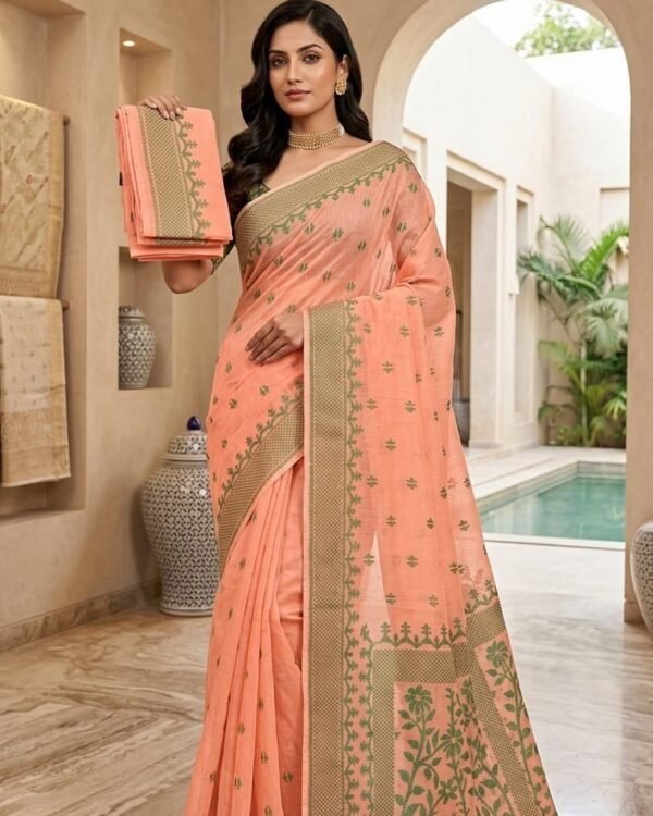 Sunflower Buti Soft Dhakai Jamdani Saree with Blouse Piece - Dark Salmon