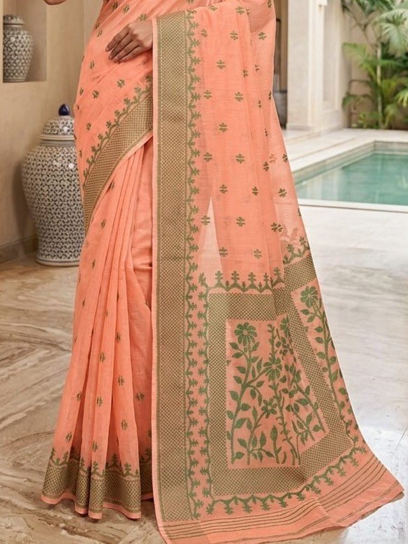 Sunflower Buti Soft Dhakai Jamdani Saree with Blouse Piece - Dark Salmon - Image 2
