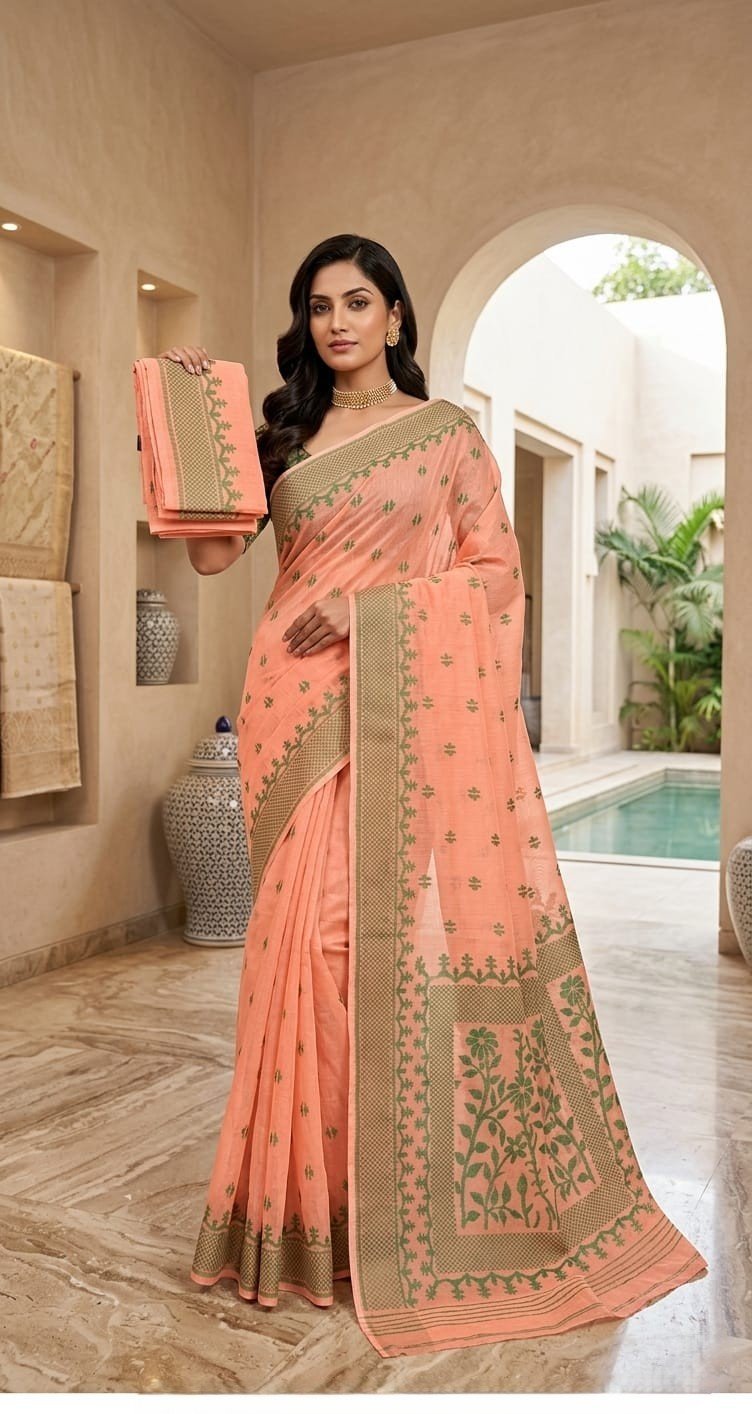 Sunflower Buti Soft Dhakai Jamdani Saree with Blouse Piece - Dark Salmon