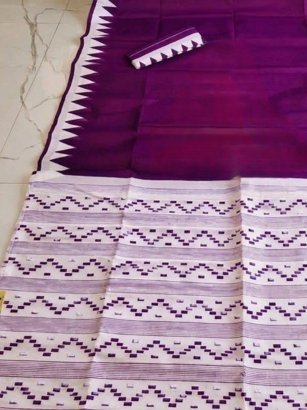 Body Plain Soft Dhakai Jamdani Saree with Blouse Piece - Deep Violet - Image 2