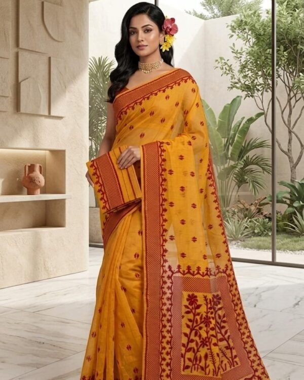 Sunflower Buti Soft Dhakai Jamdani Saree with Blouse Piece - Dirty Orange