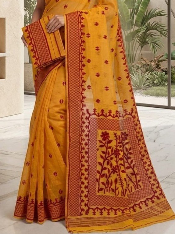 Sunflower Buti Soft Dhakai Jamdani Saree with Blouse Piece - Dirty Orange - Image 2