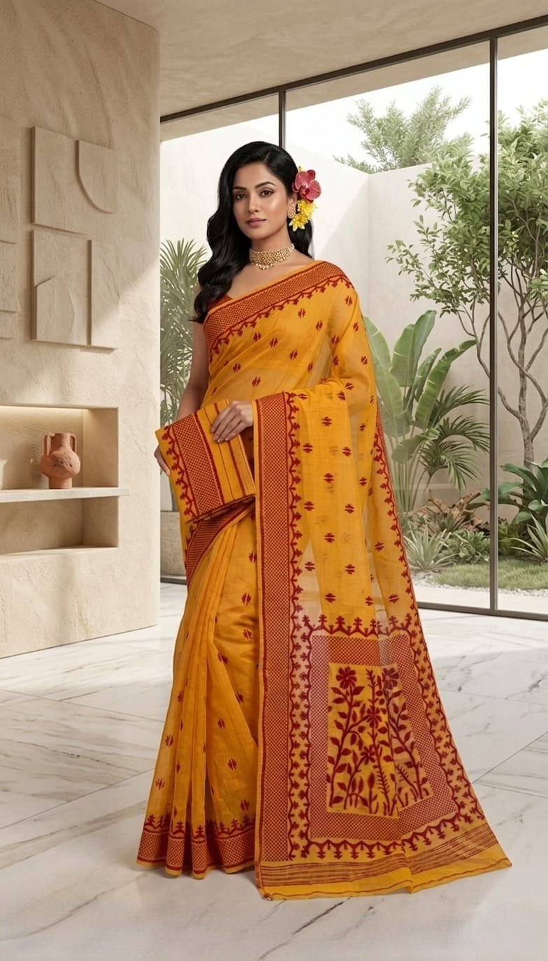 Sunflower Buti Soft Dhakai Jamdani Saree with Blouse Piece - Dirty Orange