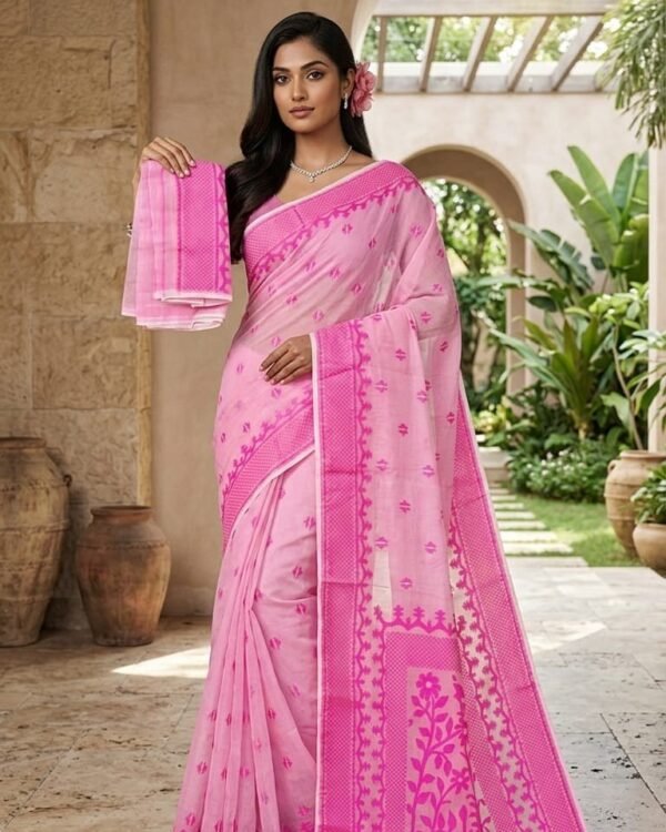 Sunflower Buti Soft Dhakai Jamdani Saree with Blouse Piece - Dull Pink
