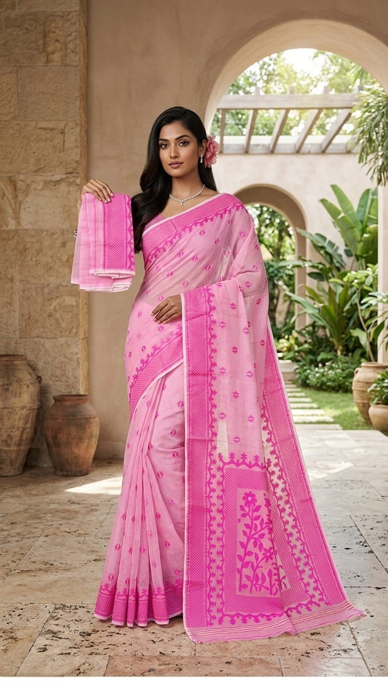 Sunflower Buti Soft Dhakai Jamdani Saree with Blouse Piece - Dull Pink