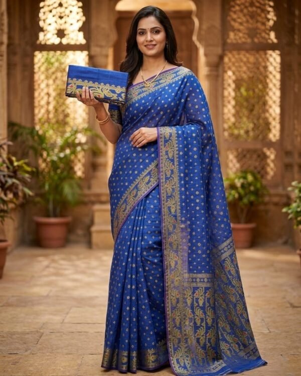 Allover Buti Soft Dhakai Jamdani Sari with Blouse Piece - Dusk Blue