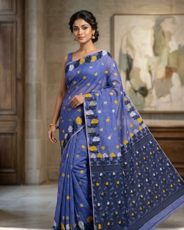 Fulkona Soft Dhakai Jamdani Sari with Blouse Piece - Dusky Blue