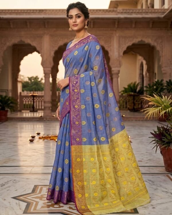 Nilanjona Soft Dhakai Jamdani Sari with Blouse Piece - Dusky Blue