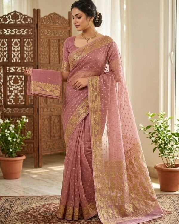 Allover Buti Soft Dhakai Jamdani Sari with Blouse Piece - Dusty Rose