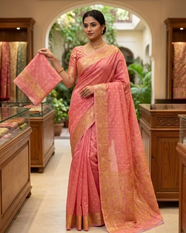 Allover Buti Soft Dhakai Jamdani Sari with Blouse Piece - Dusty Rose