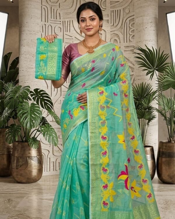 Shiuli Soft Dhakai Jamdani Sari with Blouse Piece - Dusty Teal
