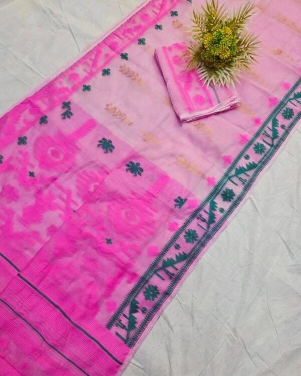 Shiuli Korat Soft Dhakai Jamdani Saree with Blouse Piece - Faded Pink