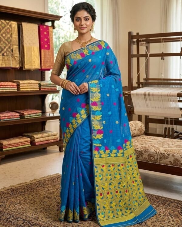 Fulkona Soft Dhakai Jamdani Sari with Blouse Piece - French Blue