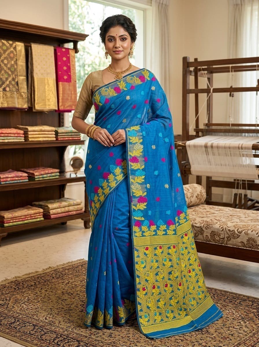 Fulkona Soft Dhakai Jamdani Sari with Blouse Piece - French Blue