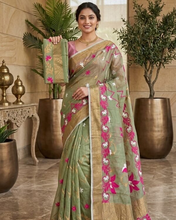 Shiuli Soft Dhakai Jamdani Sari with Blouse Piece - Greenish Grey